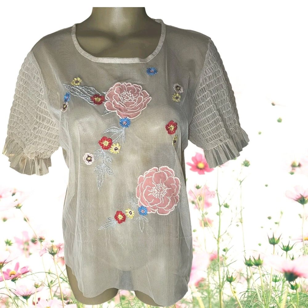 Hippie Laundry Jr Sz XL Sheer Pale Pink Blouse Ruched Sleeve Embroidered Flowers